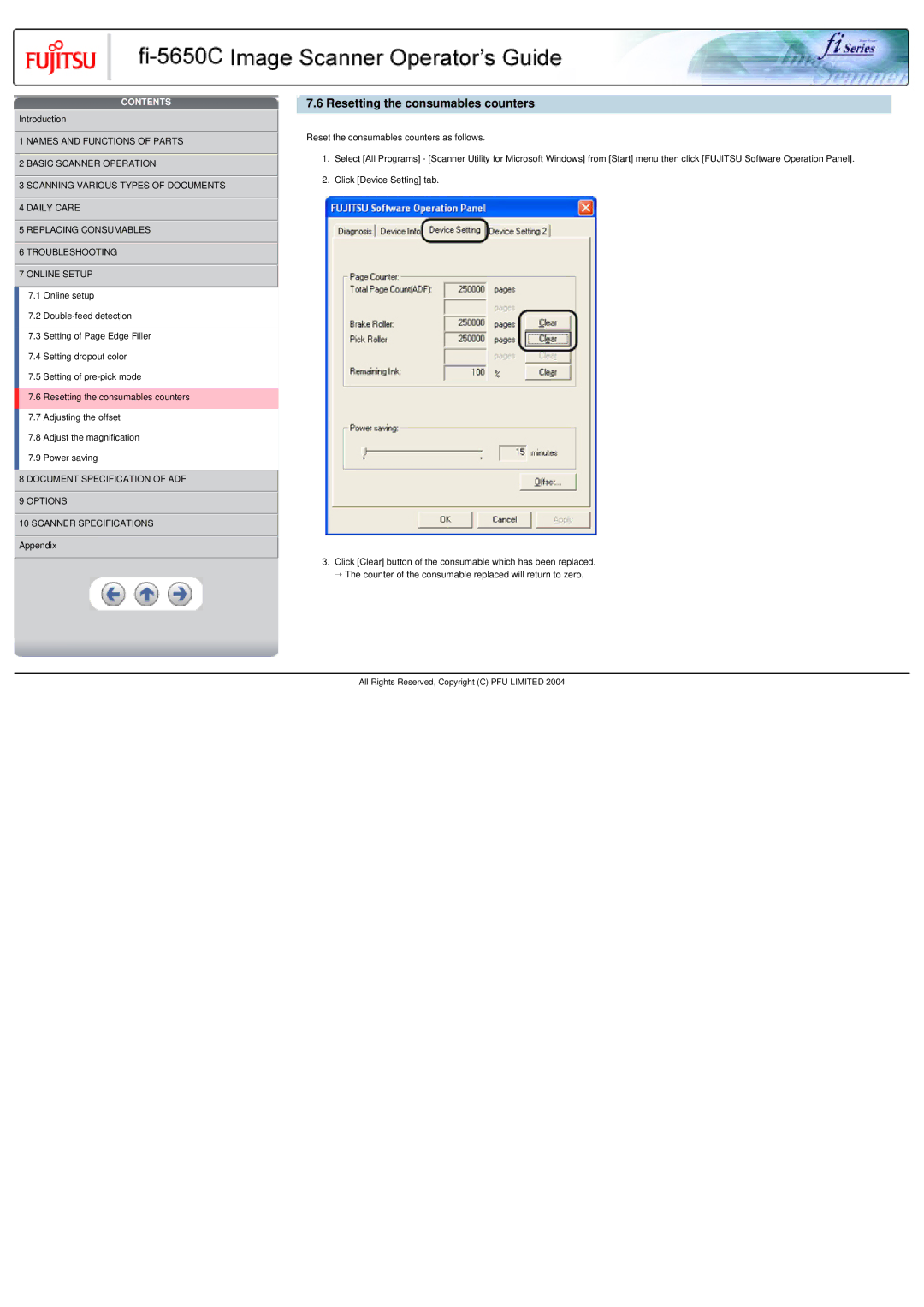 Fujitsu fi-5650C specifications Resetting the consumables counters 