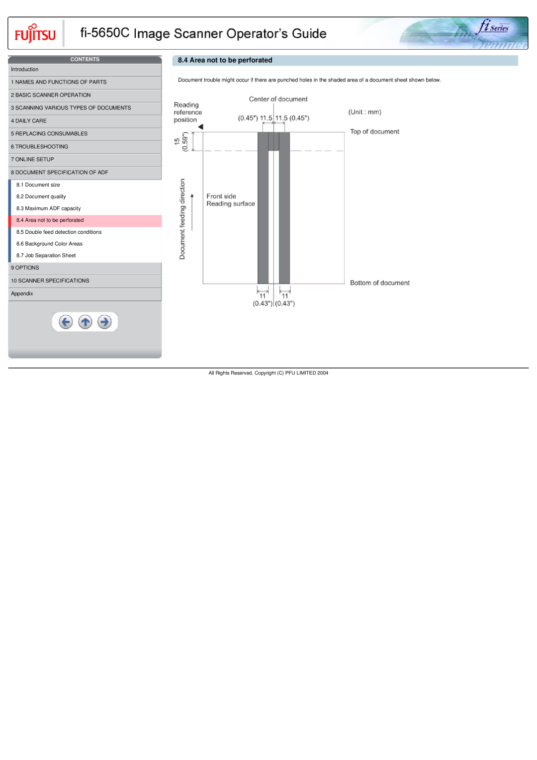 Fujitsu fi-5650C specifications Area not to be perforated 