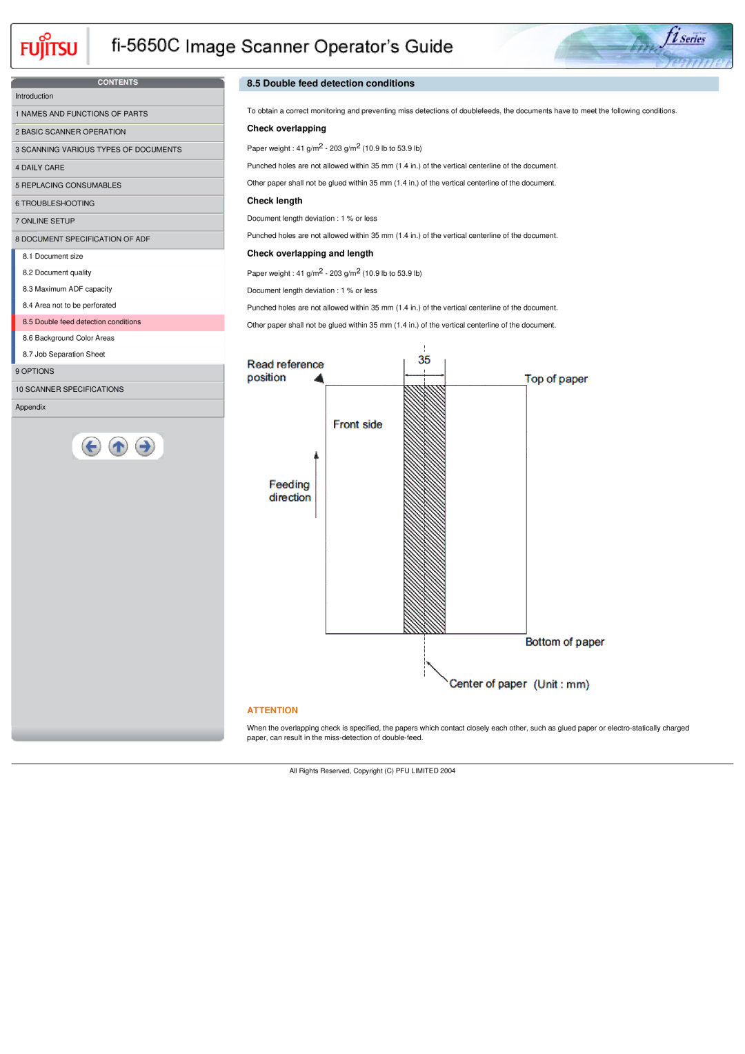 Fujitsu fi-5650C specifications Double feed detection conditions, Check length, Check overlapping and length 