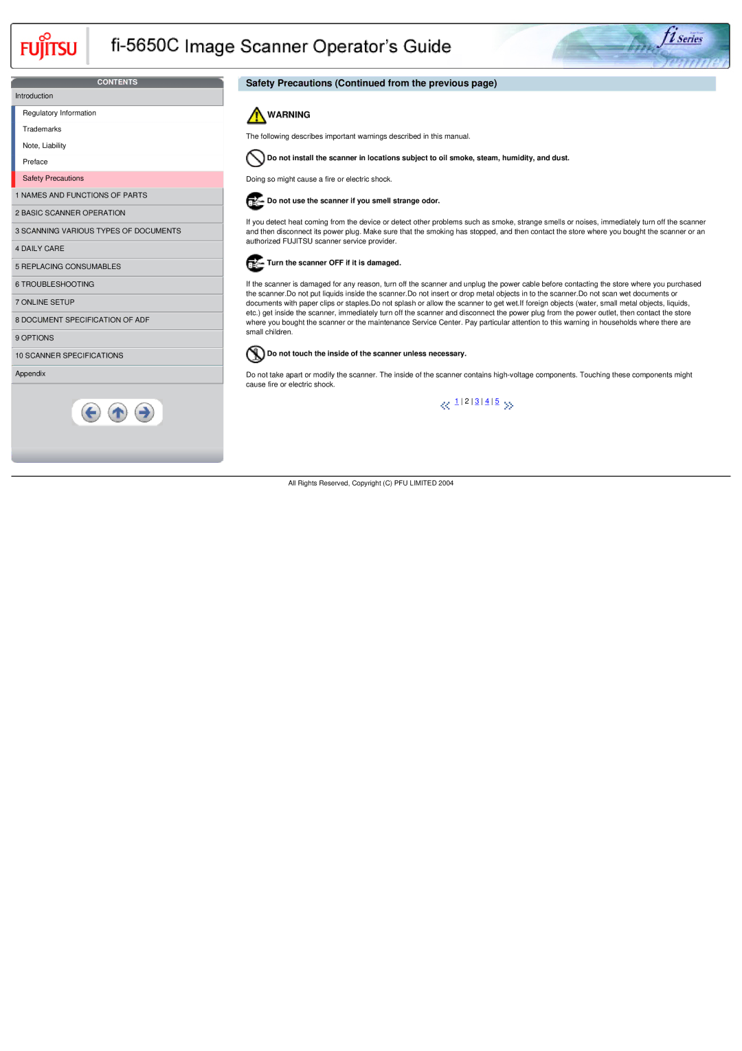 Fujitsu fi-5650C specifications Safety Precautions from the previous, Do not use the scanner if you smell strange odor 