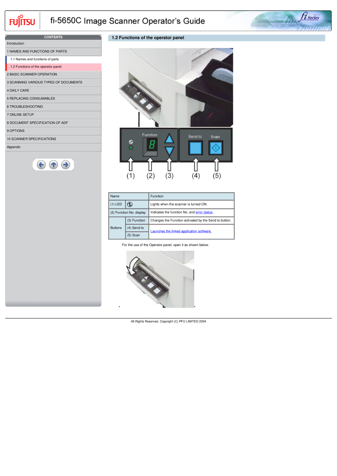 Fujitsu fi-5650C specifications Functions of the operator panel, Led 