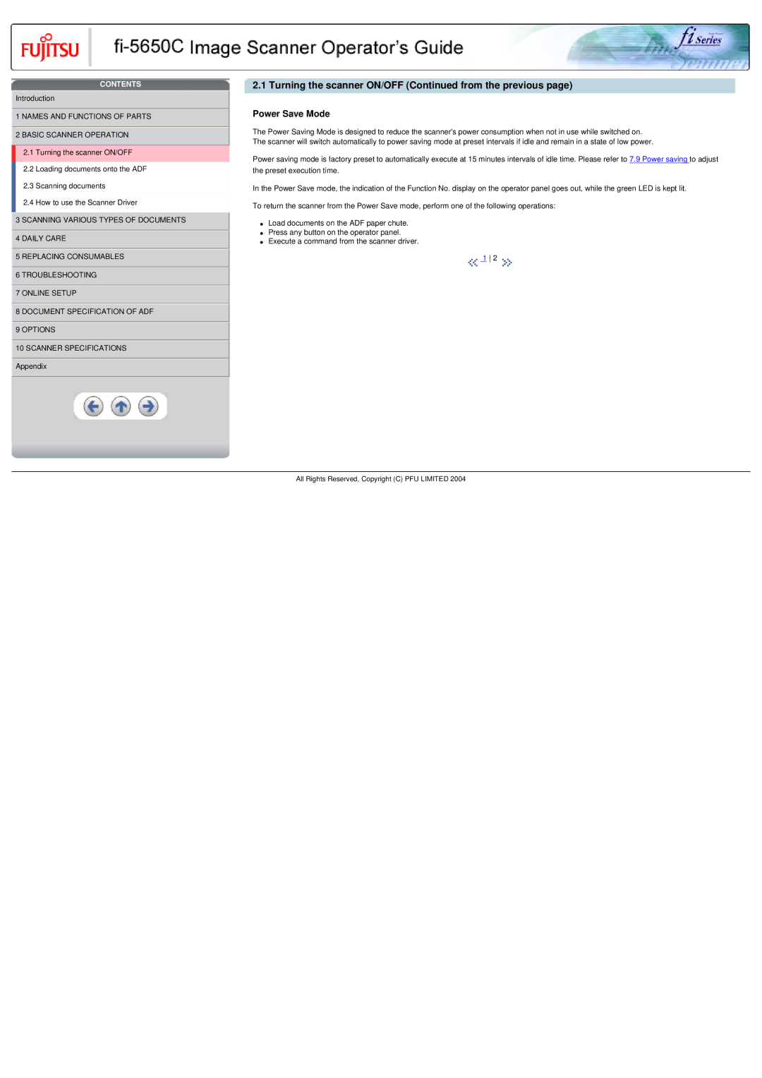 Fujitsu fi-5650C specifications Turning the scanner ON/OFF from the previous, Power Save Mode 