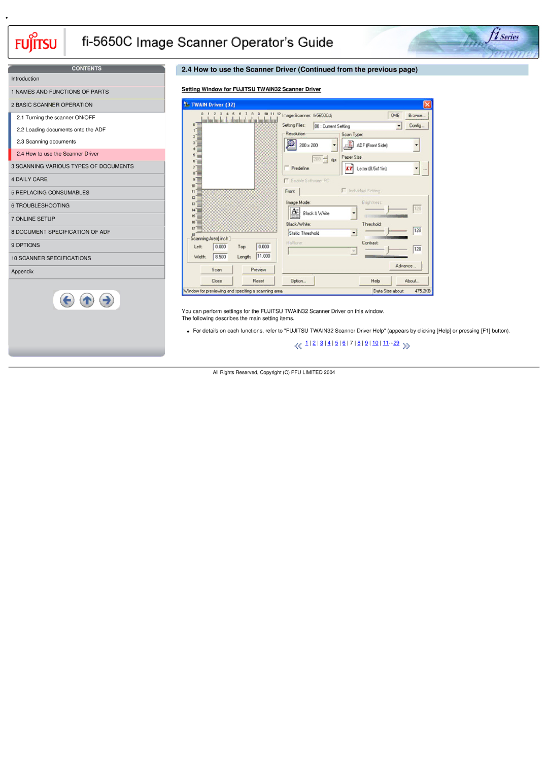 Fujitsu fi-5650C specifications Setting Window for Fujitsu TWAIN32 Scanner Driver 