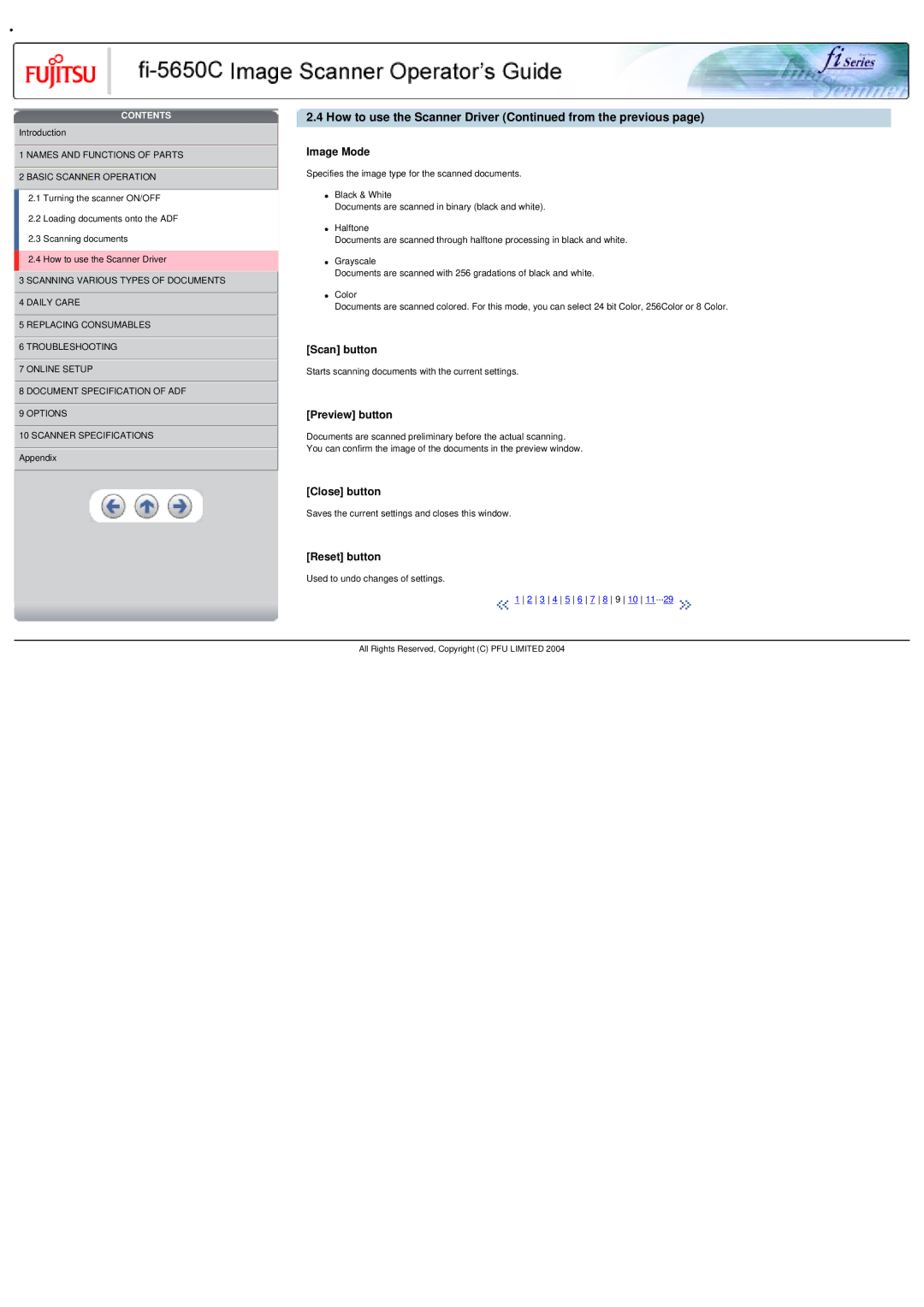 Fujitsu fi-5650C specifications Image Mode, Scan button, Preview button, Close button, Reset button 