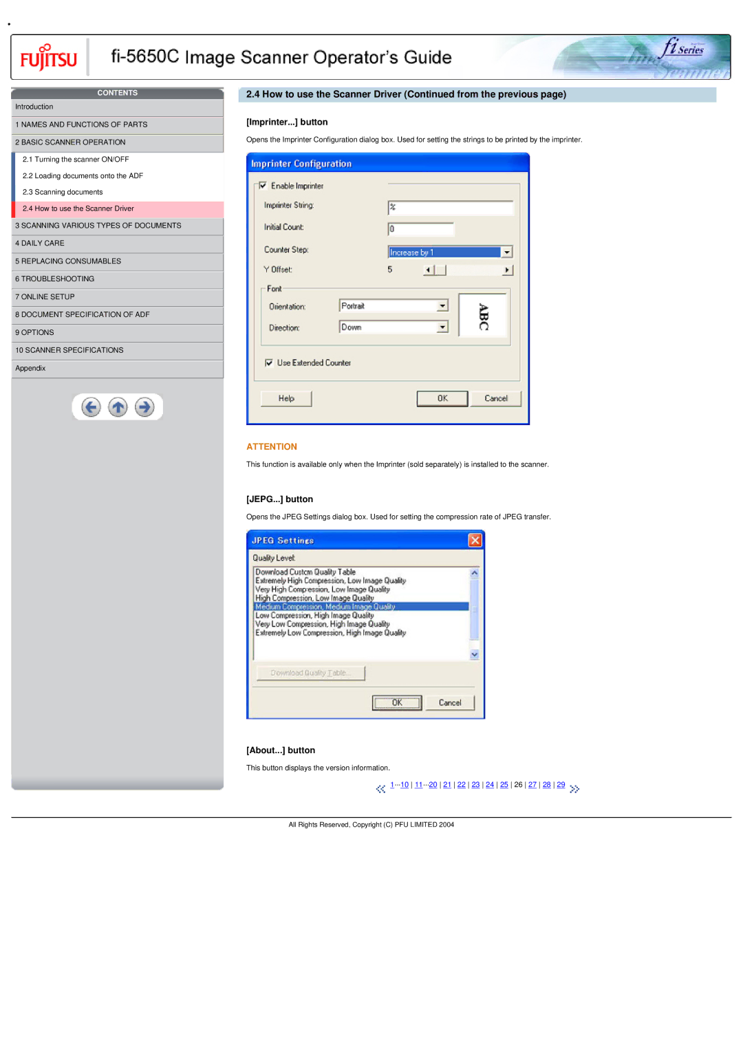 Fujitsu fi-5650C specifications Imprinter... button, JEPG... button 