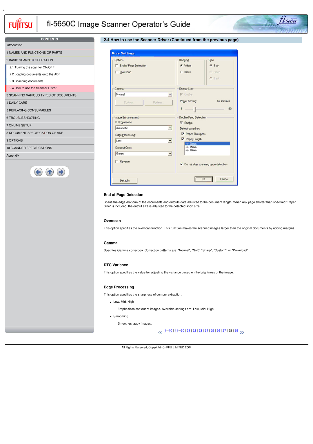 Fujitsu fi-5650C specifications End of Page Detection, Overscan, Gamma, DTC Variance, Edge Processing 