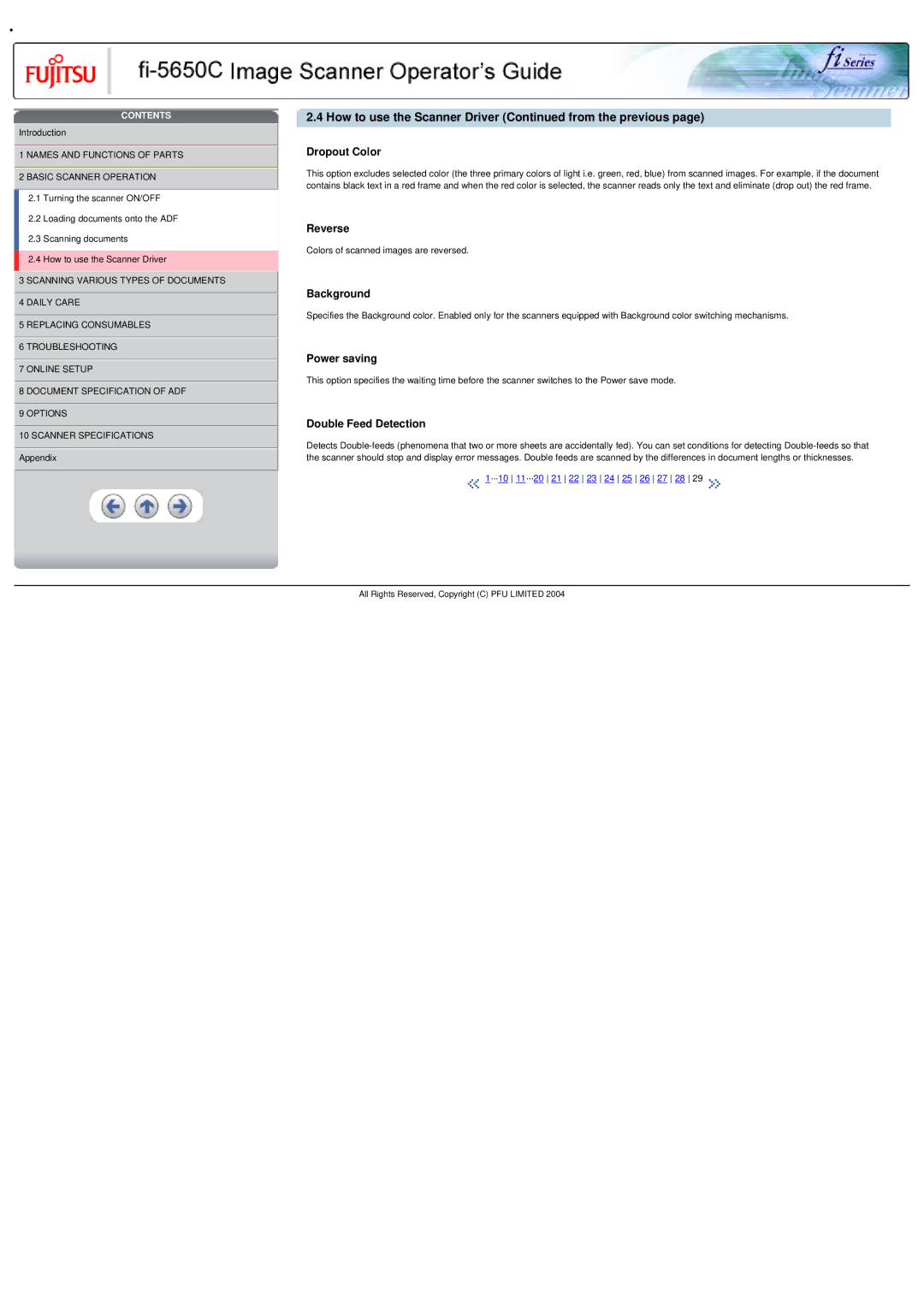 Fujitsu fi-5650C specifications Dropout Color, Reverse, Background, Power saving, Double Feed Detection 