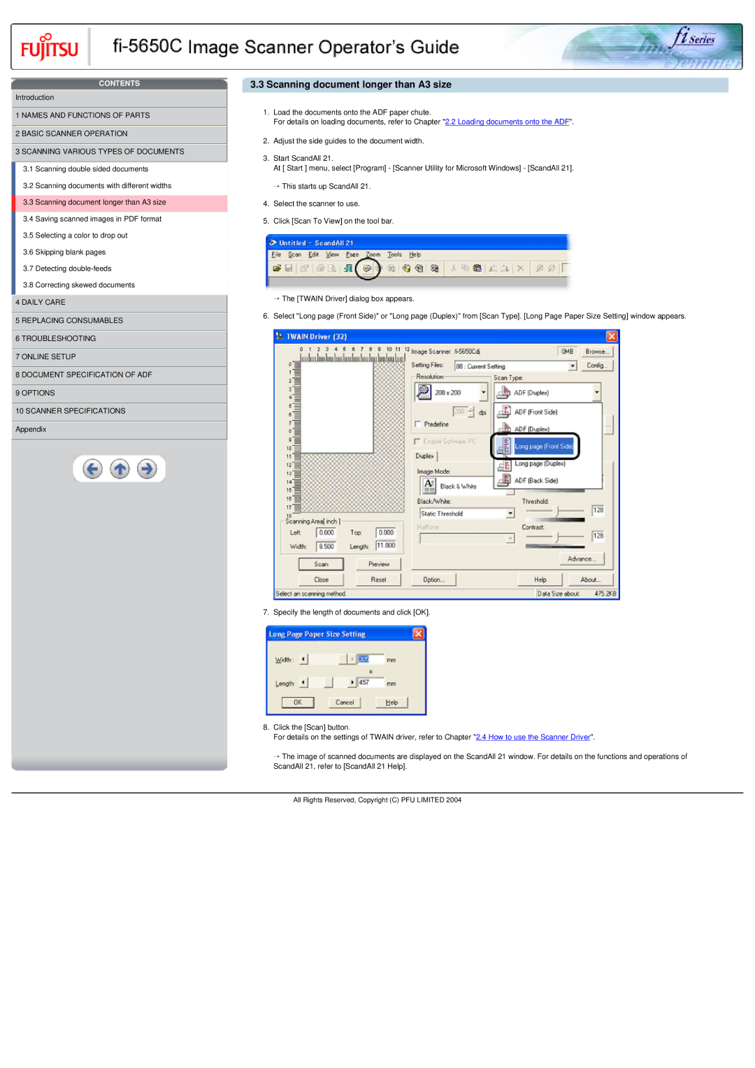 Fujitsu fi-5650C specifications Scanning document longer than A3 size 