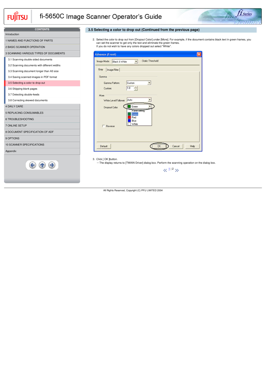 Fujitsu fi-5650C specifications Selecting a color to drop out from the previous 