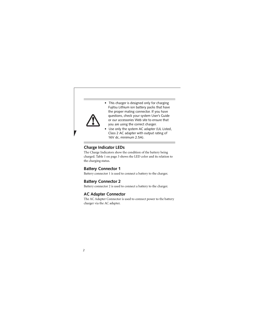 Fujitsu FJBC-GP manual Charge Indicator LEDs, Battery Connector, AC Adapter Connector 