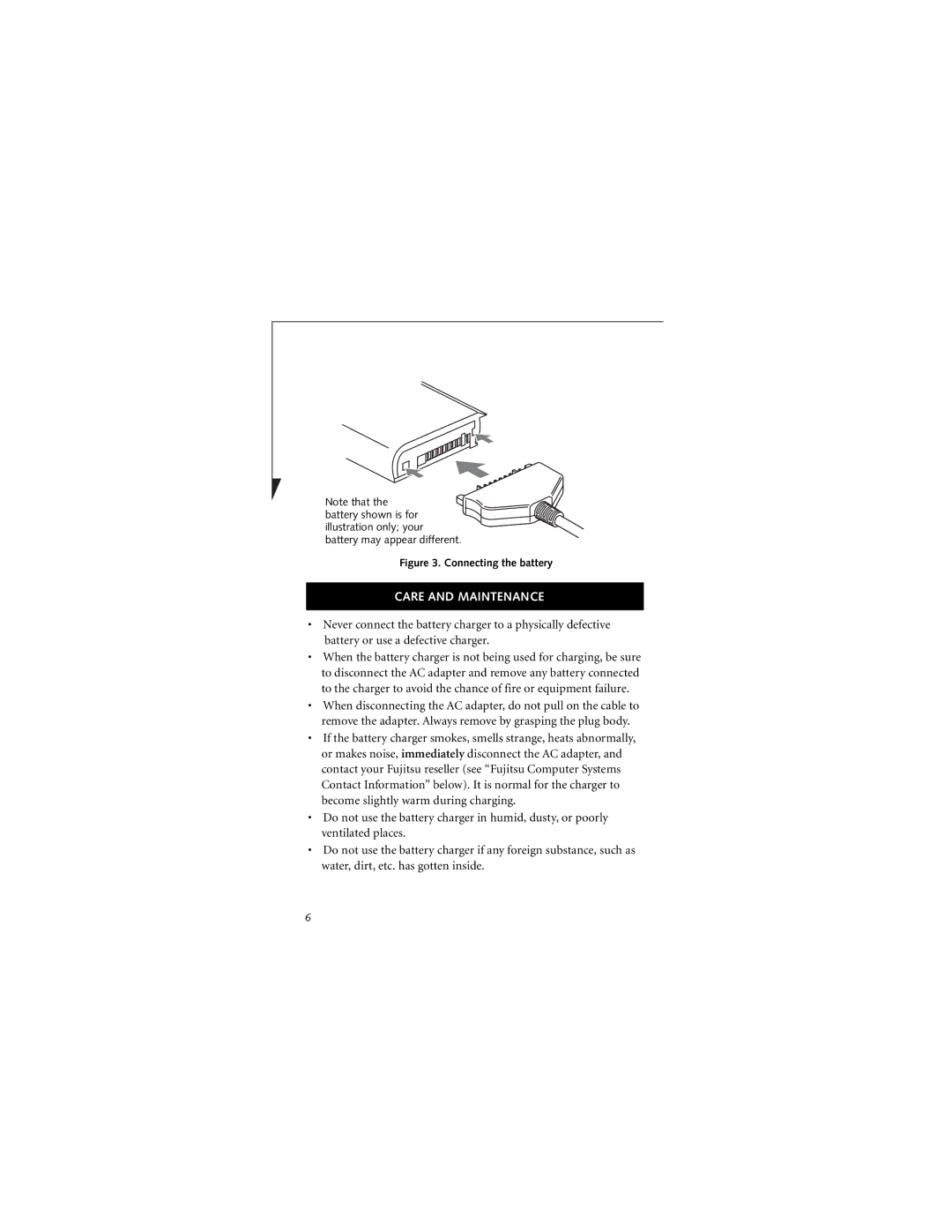 Fujitsu FJBC-GP manual Care and Maintenance, Connecting the battery 