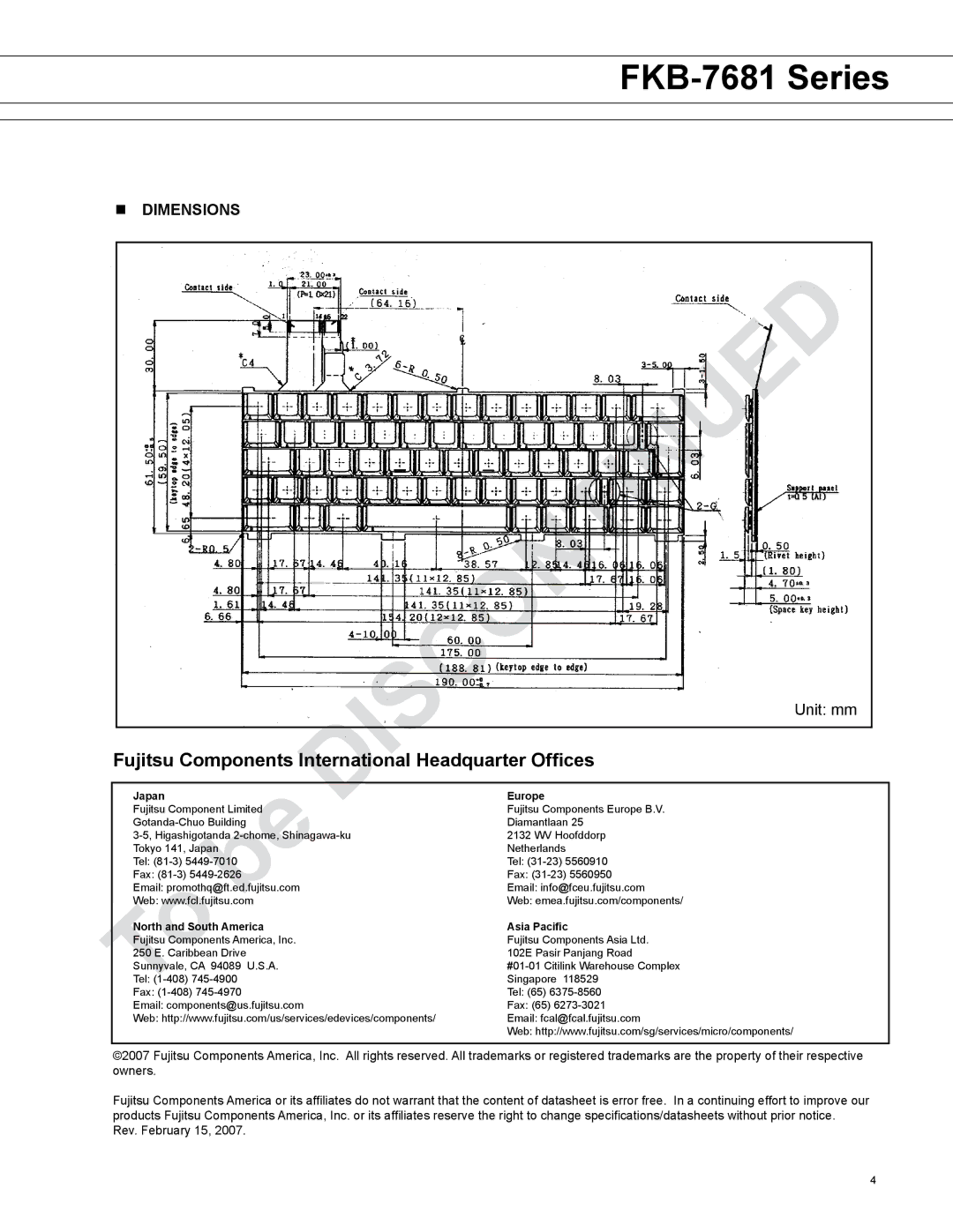 Fujitsu FKB-7681 Series manual Fujitsu Components International Headquarter Offices, Dimensions 