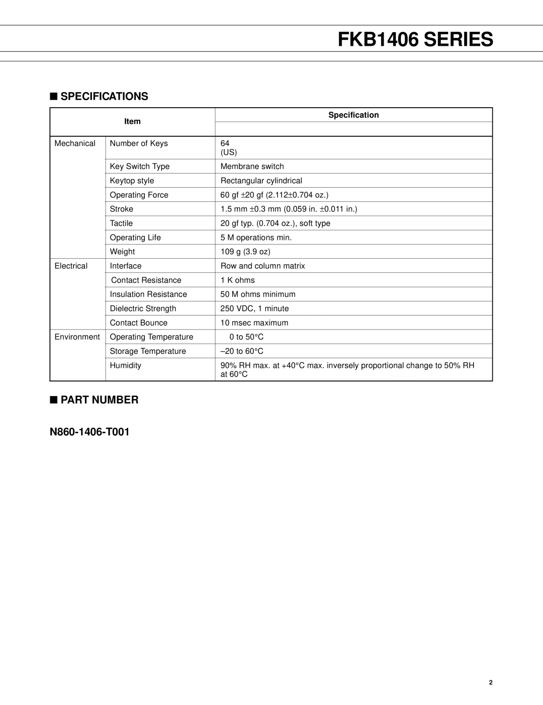 Fujitsu FKB1406 Series manual Specifications, Part Number 