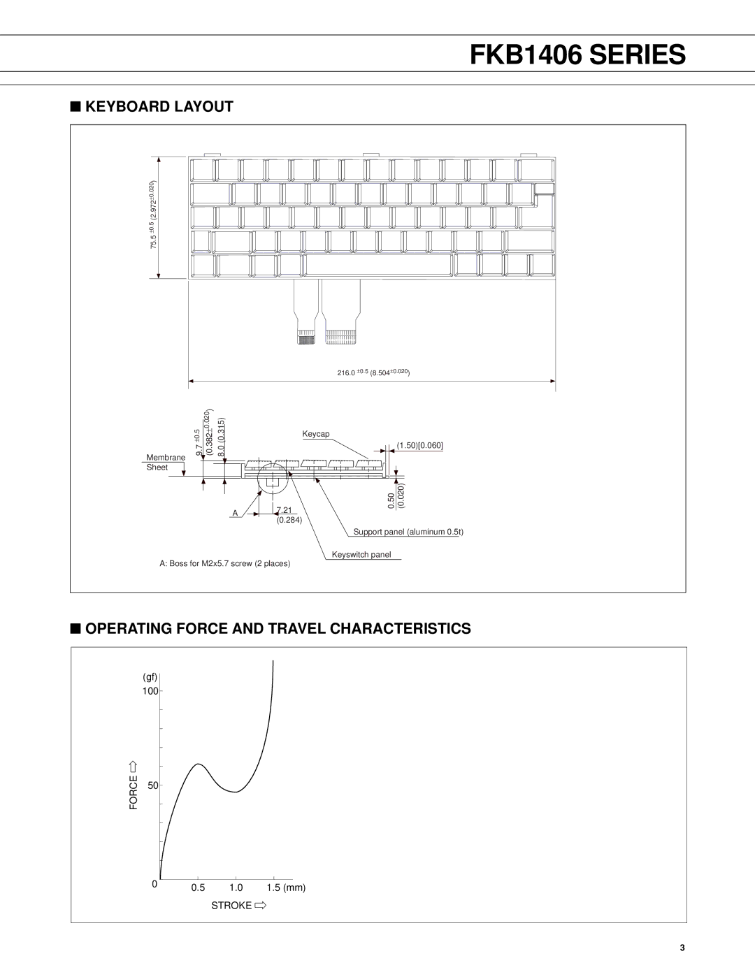 Fujitsu FKB1406 Series manual Keyboard Layout, Operating Force and Travel Characteristics 