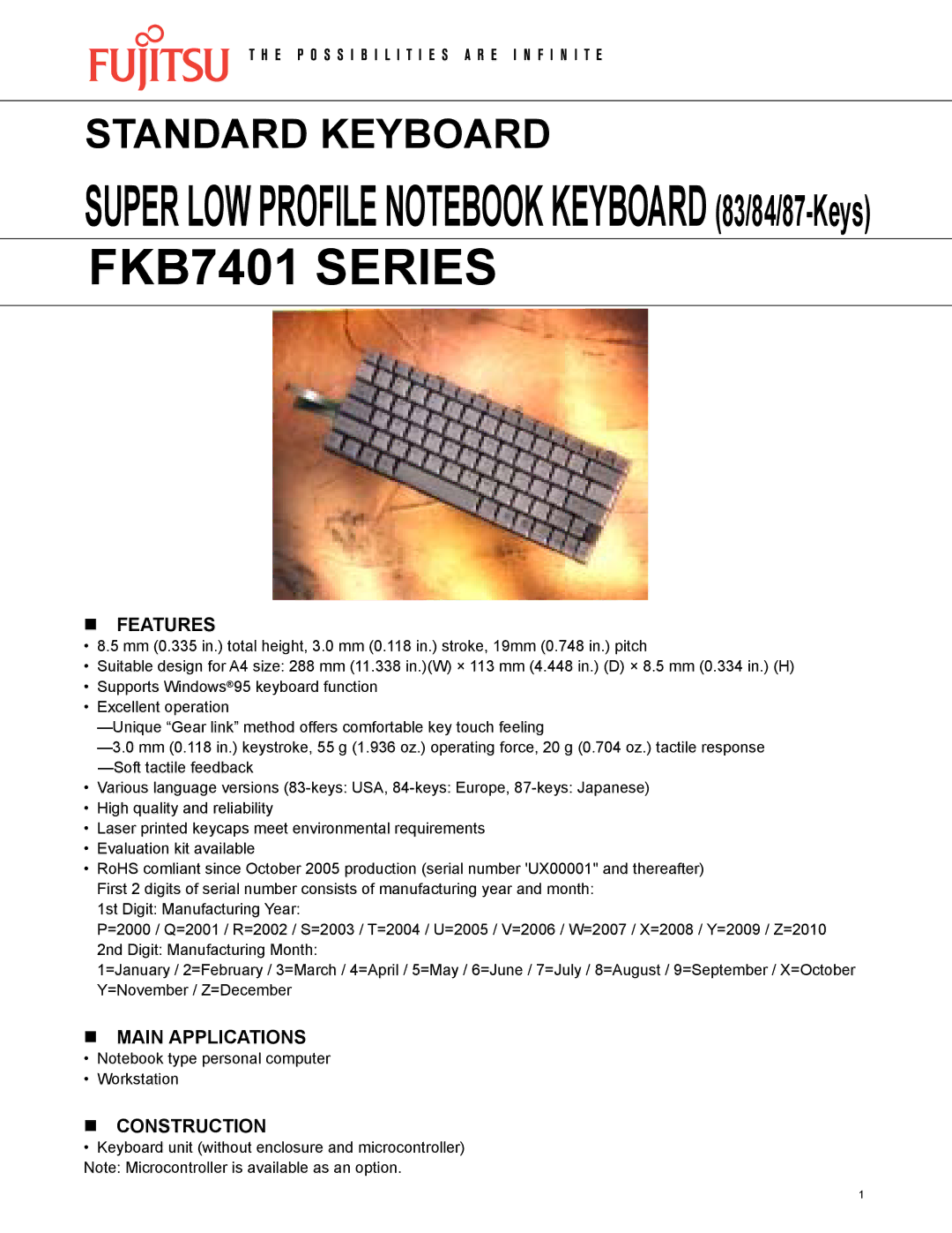 Fujitsu FKB7401 Series manual Features, Main Applications, Construction 