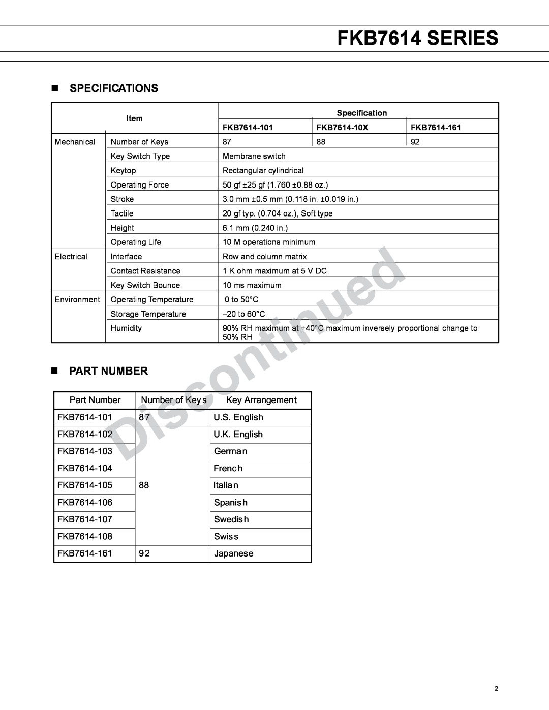 Fujitsu FKB7614 SERIES manual n SPECIFICATIONS, n PART NUMBER 