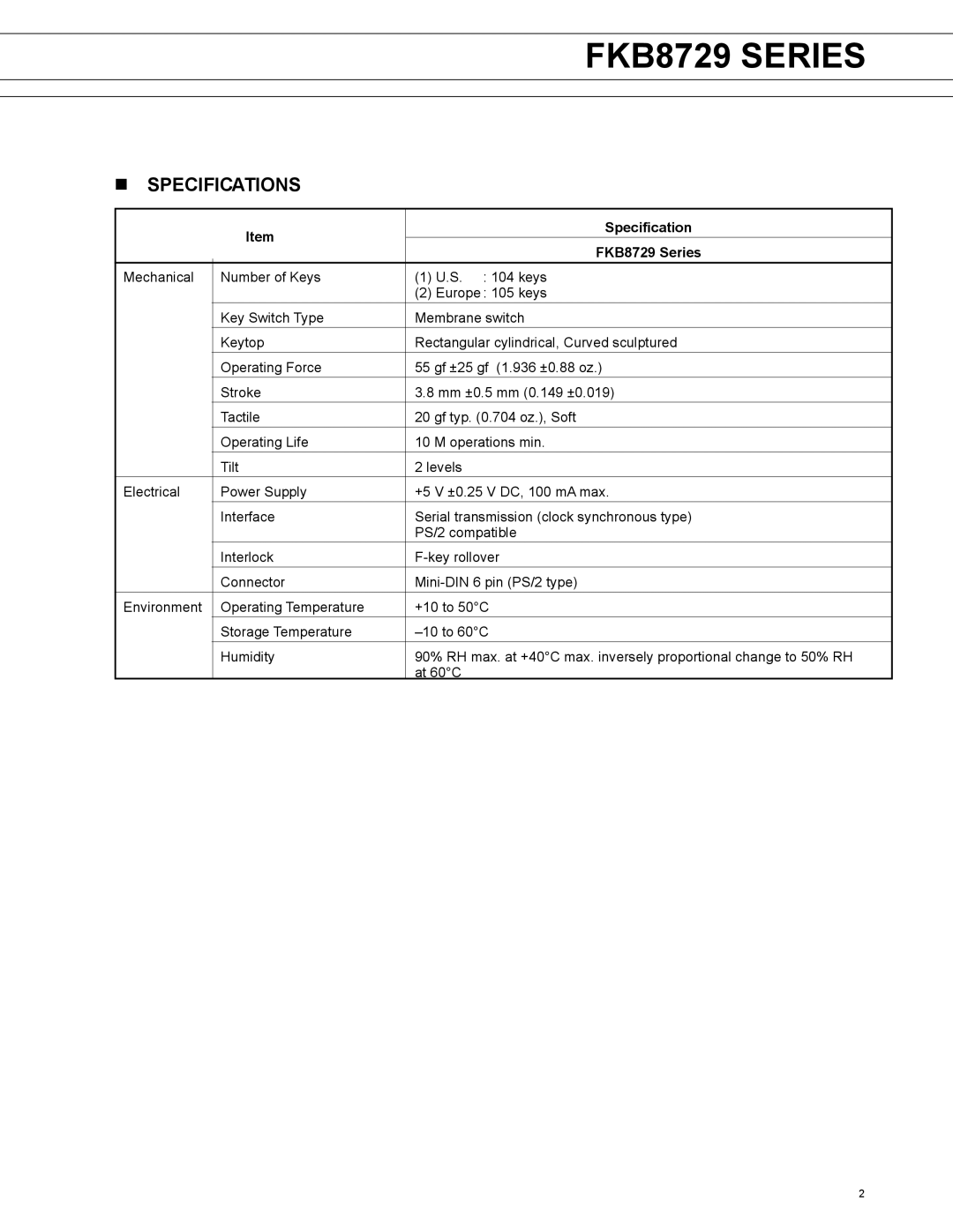 Fujitsu FKB8729 Series manual Specifications 