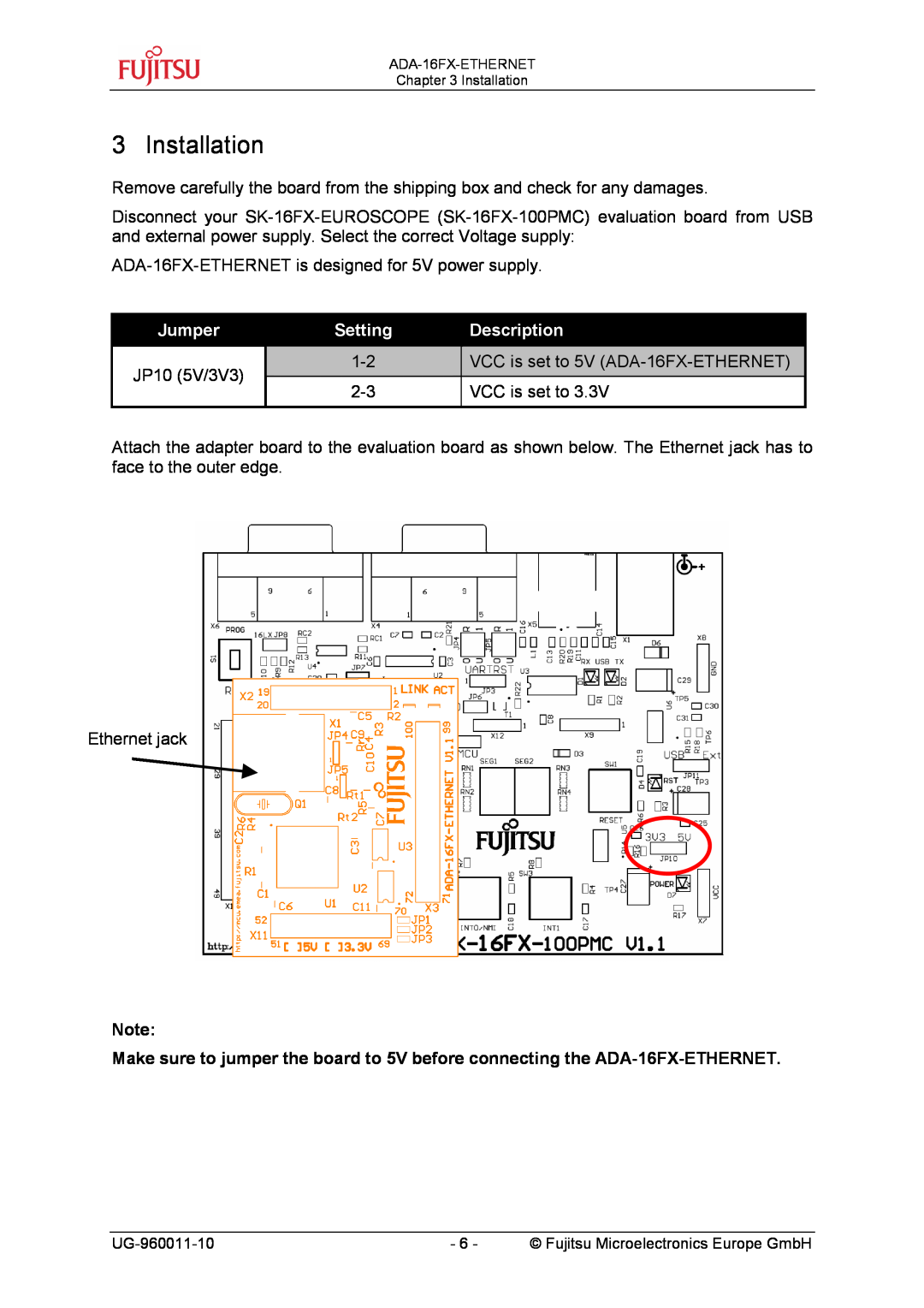 Fujitsu FMC-16FX FAMILY manual Installation, Jumper, Setting, Description 