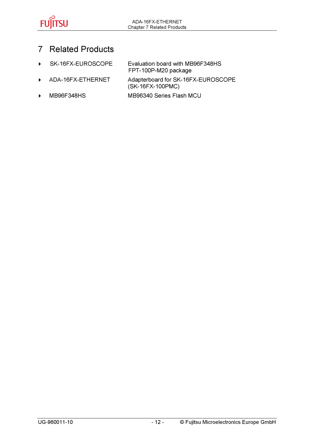 Fujitsu FMC-16FX FAMILY manual Related Products, SK-16FX-EUROSCOPE, ADA-16FX-ETHERNET 