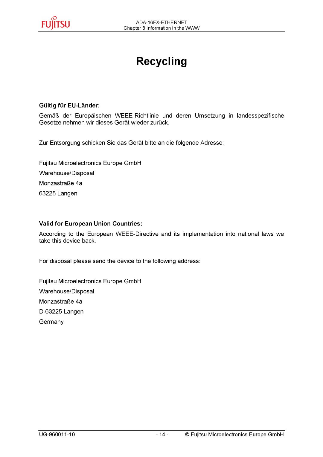 Fujitsu FMC-16FX FAMILY manual Recycling 