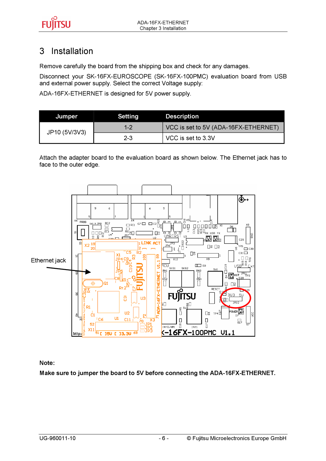 Fujitsu FMC-16FX FAMILY manual Installation, Jumper Setting Description 