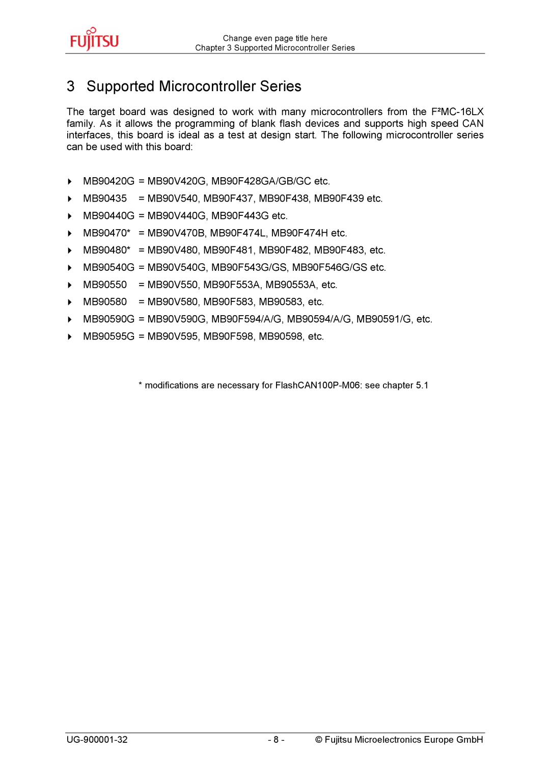 Fujitsu FMC-16LX FAMILY, FLASH-CAN-100 manual Supported Microcontroller Series 