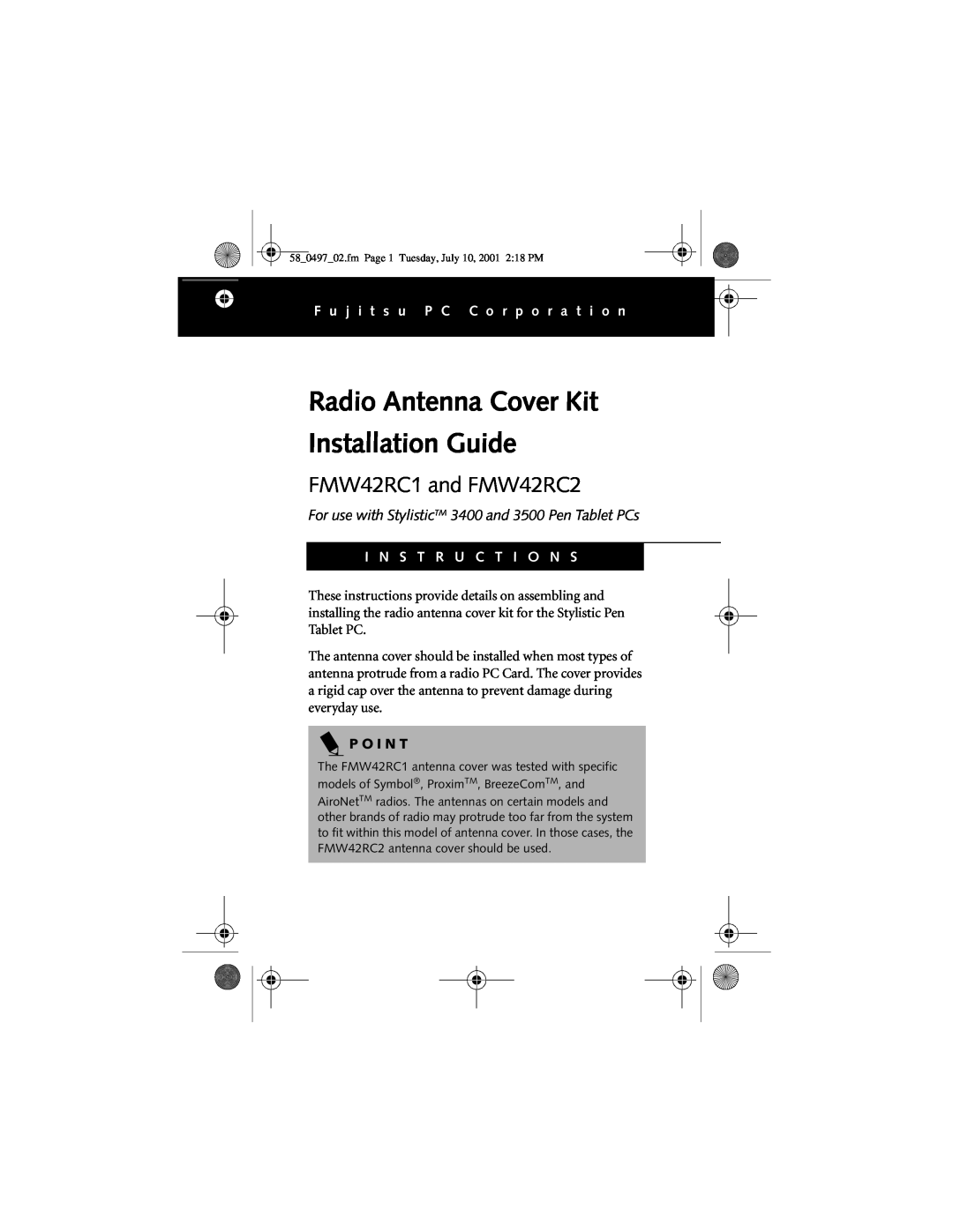 Fujitsu manual Radio Antenna Cover Kit Installation Guide, FMW42RC1 and FMW42RC2, I N S T R U C T I O N S, P O I N T 