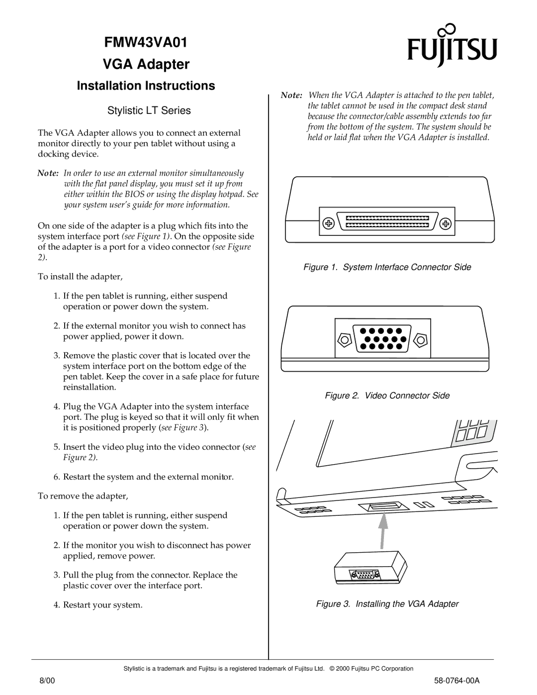 Fujitsu FMW43VA01 installation instructions VGA Adapter, Installation Instructions, Stylistic LT Series 