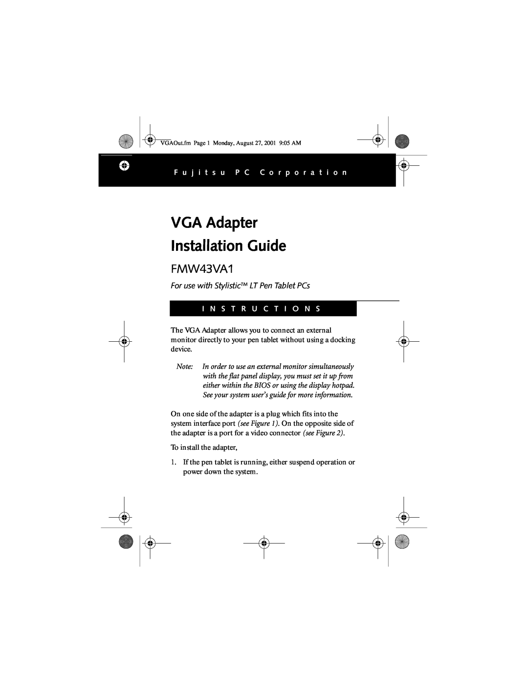 Fujitsu FMW43VA1 manual VGA Adapter Installation Guide, For use with StylisticTM LT Pen Tablet PCs 