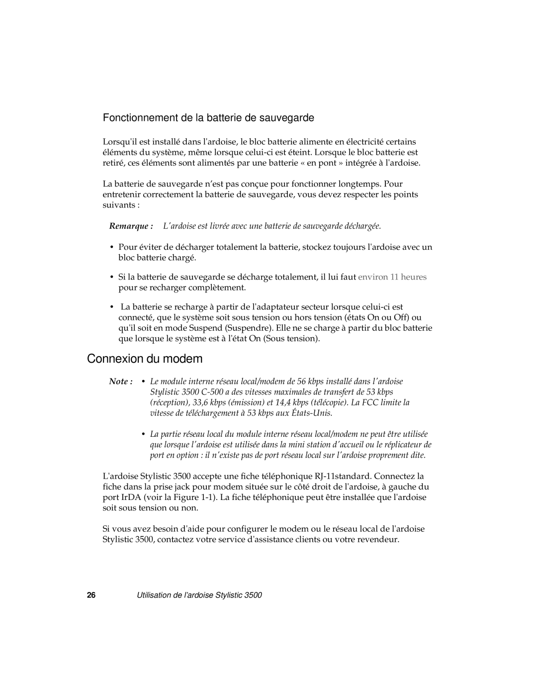 Fujitsu FMW4503FS, FMW4503TS, FMW4503TX manual Connexion du modem, Fonctionnement de la batterie de sauvegarde 