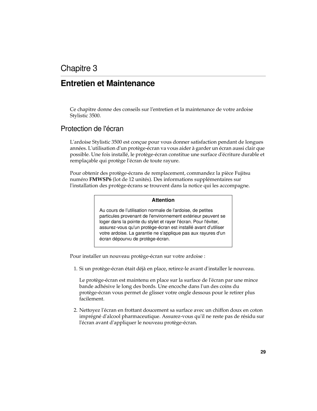 Fujitsu FMW4503FS, FMW4503TS, FMW4503TX manual Entretien et Maintenance, Protection de lécran 