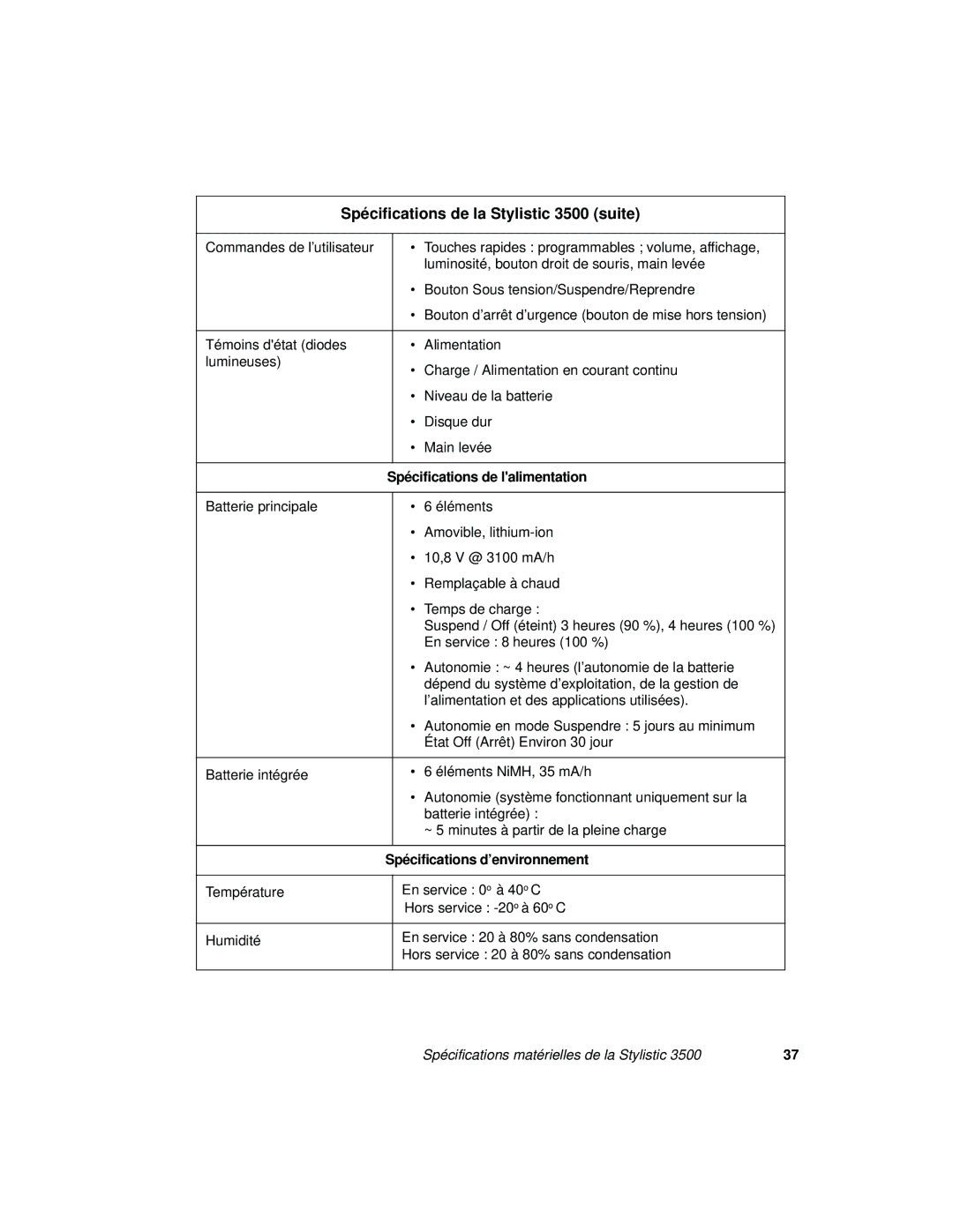 Fujitsu FMW4503TX, FMW4503TS, FMW4503FS manual Spécifications de lalimentation, Spécifications d’environnement 