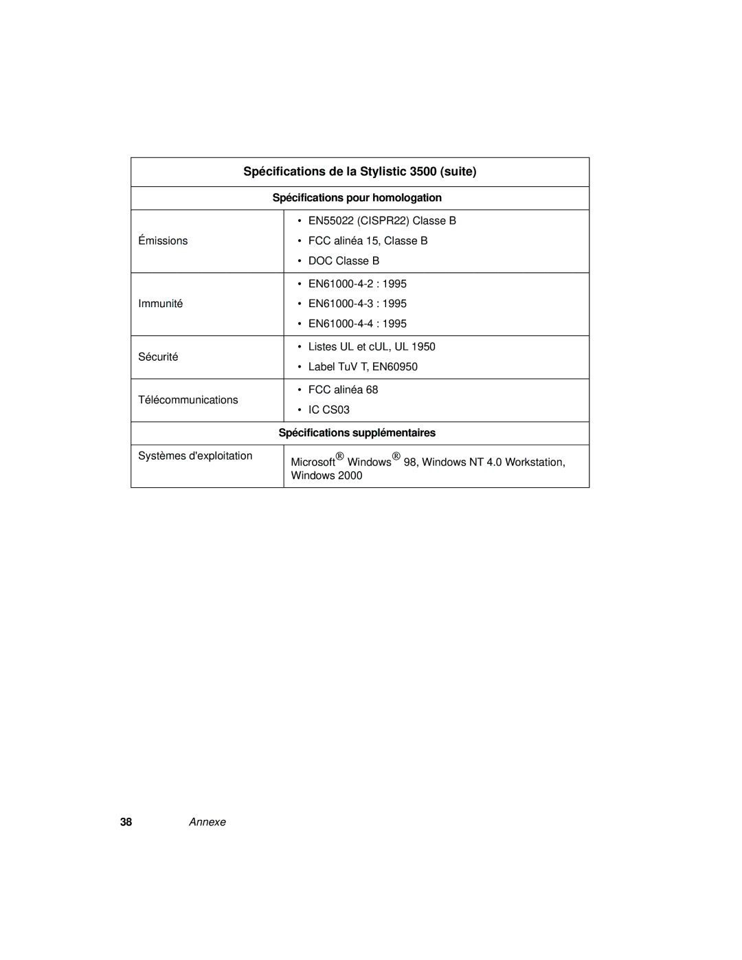 Fujitsu FMW4503FS, FMW4503TS, FMW4503TX manual Spécifications pour homologation, Spécifications supplémentaires 