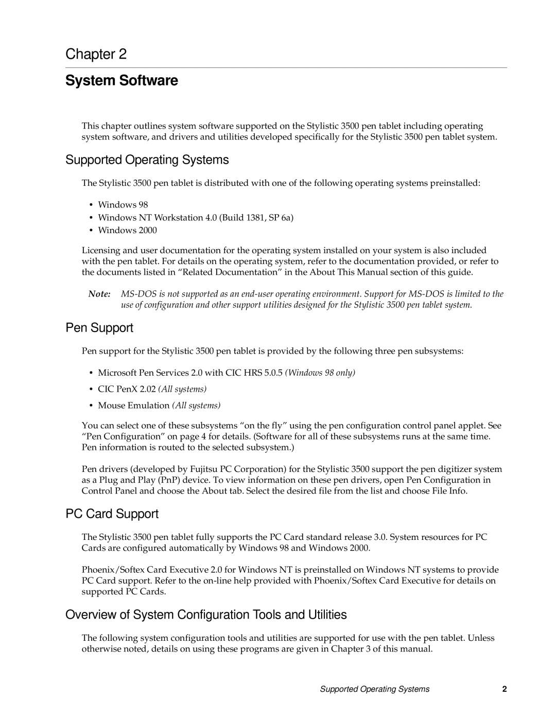 Fujitsu FMW4503TS128A01 manual System Software, Supported Operating Systems, Pen Support 