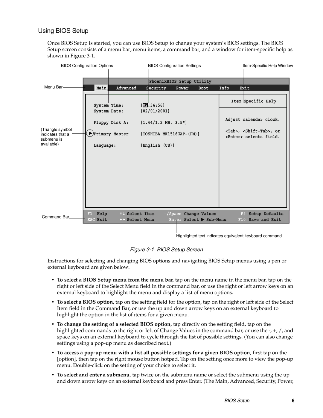 Fujitsu FMW4503TS128A01 manual Using Bios Setup, Bios Setup Screen 