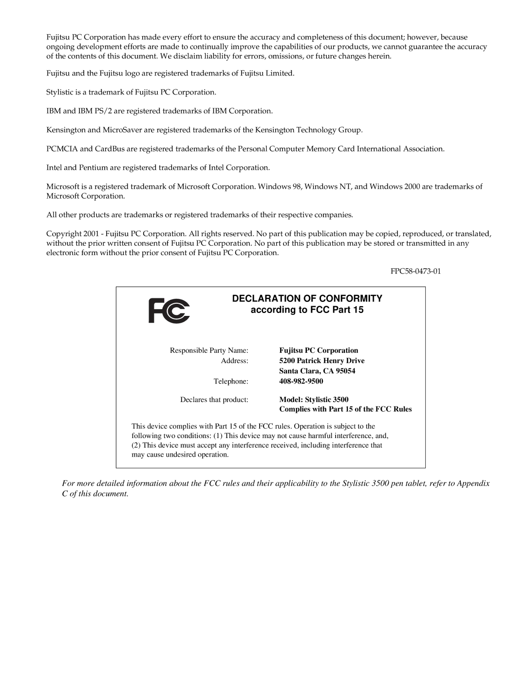 Fujitsu FMW4503TS128A01 manual Declaration of Conformity 