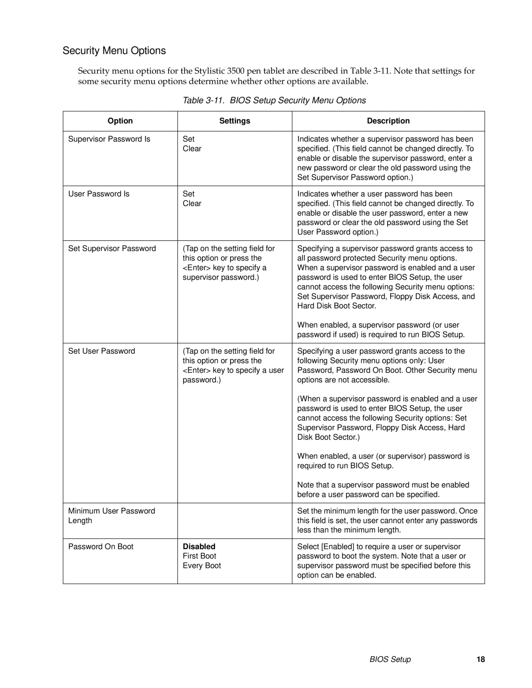 Fujitsu FMW4503TS128A01 manual Bios Setup Security Menu Options 