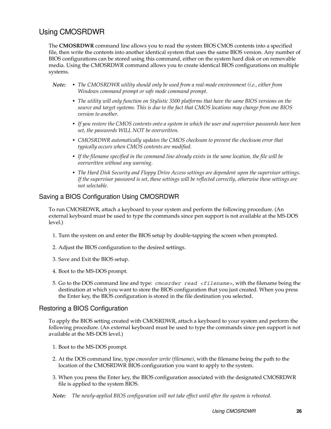 Fujitsu FMW4503TS128A01 manual Saving a Bios Configuration Using Cmosrdwr, Restoring a Bios Configuration 