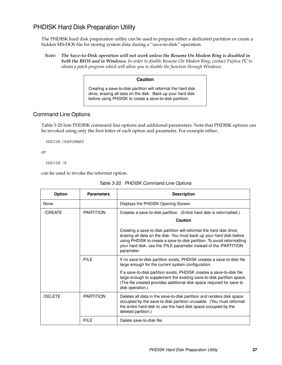 Fujitsu FMW4503TS128A01 manual Phdisk Hard Disk Preparation Utility, Phdisk Command Line Options 