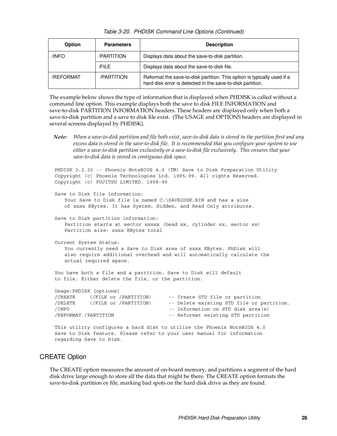 Fujitsu FMW4503TS128A01 manual Create Option, Info Partition, Reformat Partition 