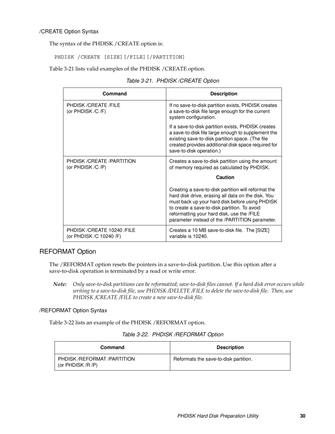 Fujitsu FMW4503TS128A01 manual Reformat Option, Phdisk /CREATE Option, Phdisk /REFORMAT Option, Command Description 