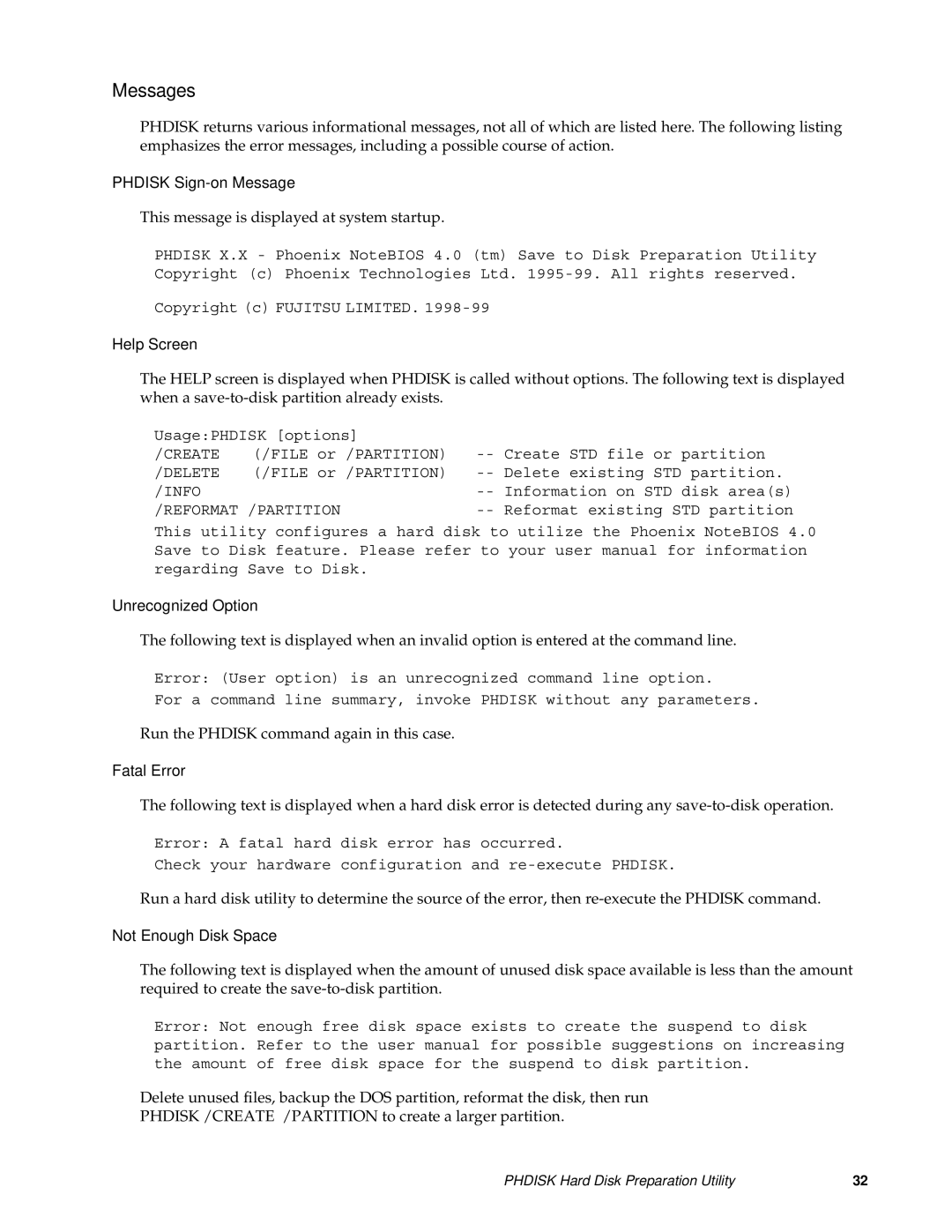 Fujitsu FMW4503TS128A01 manual Messages, Phdisk Sign-on Message 