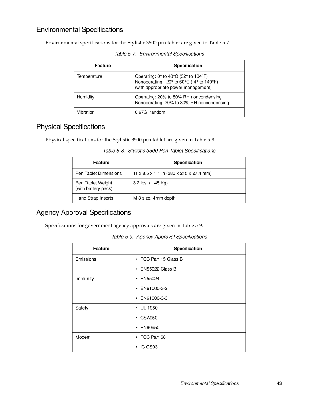 Fujitsu FMW4503TS128A01 manual Environmental Specifications, Physical Specifications, Agency Approval Specifications 