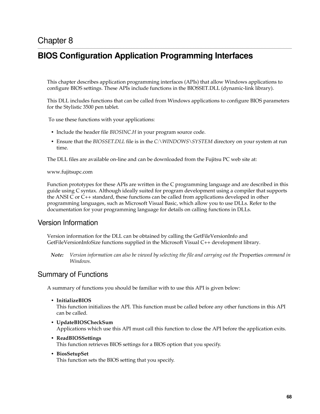 Fujitsu FMW4503TS128A01 Bios Configuration Application Programming Interfaces, Version Information, Summary of Functions 