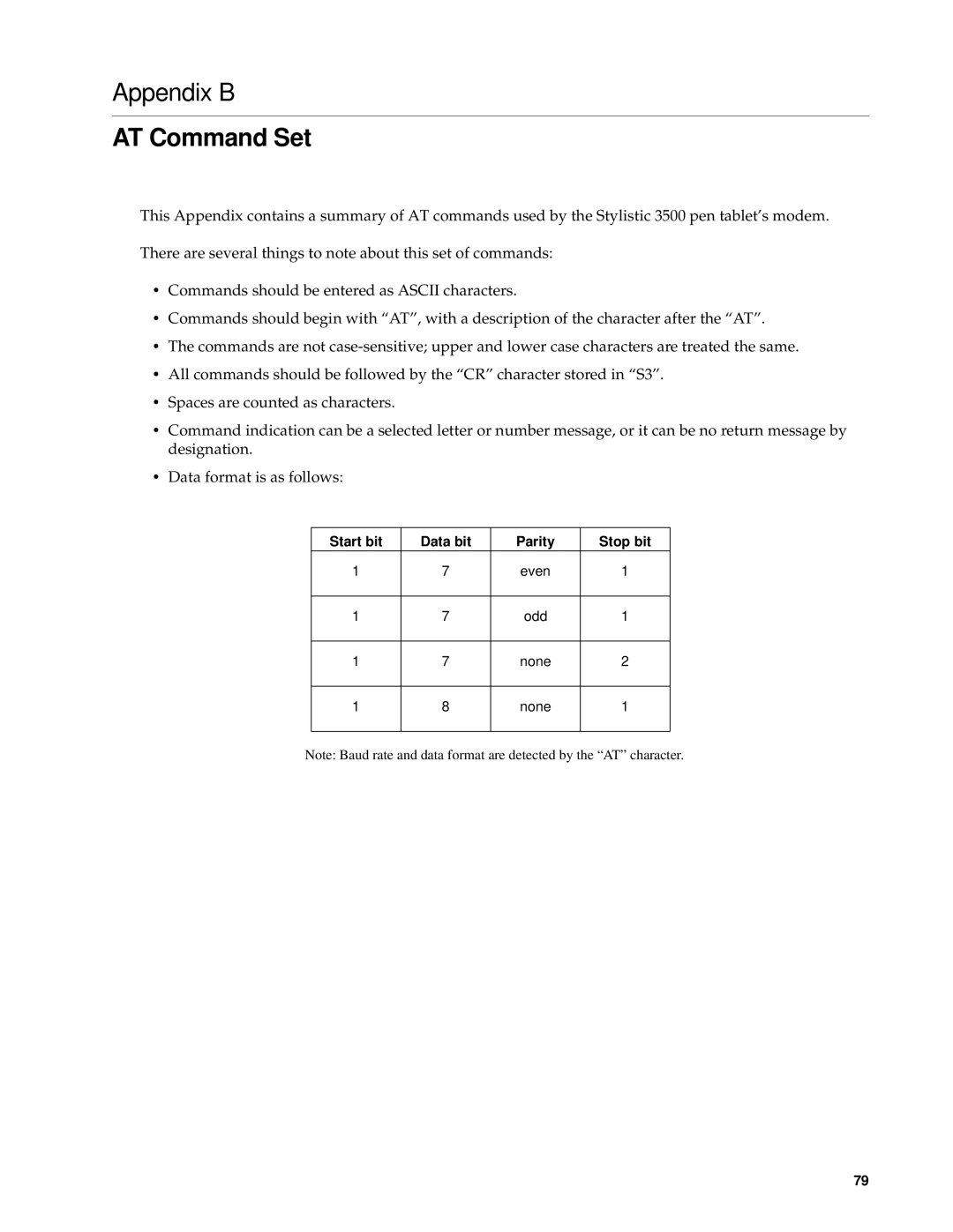 Fujitsu FMW4503TS128A01 manual AT Command Set, Start bit Data bit Parity Stop bit 