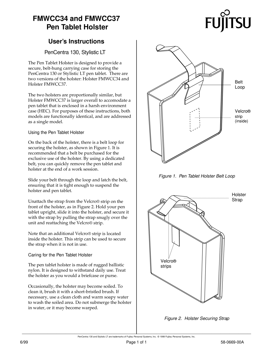 Fujitsu manual FMWCC34 and FMWCC37 Pen Tablet Holster, User’s Instructions, PenCentra 130, Stylistic LT 