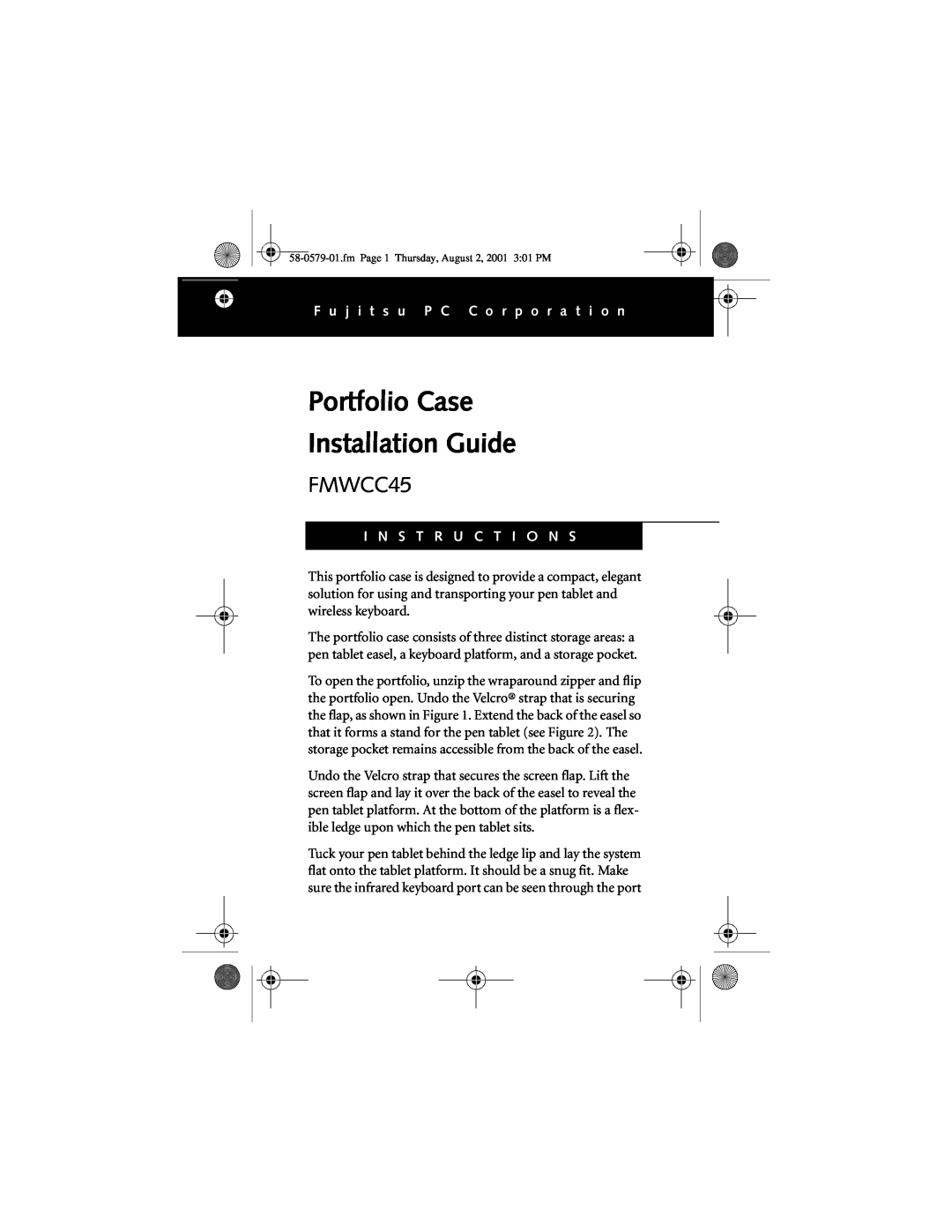 Fujitsu FMWCC45 manual Portfolio Case Installation Guide, F u j i t s u P C C o r p o r a t i o n, I N S T R U C T I O N S 