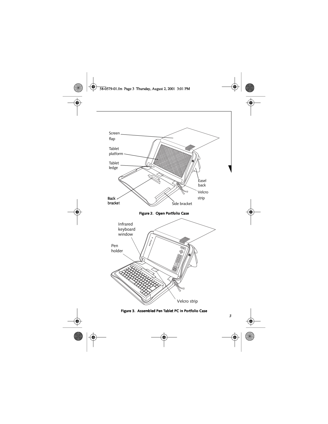 Fujitsu FMWCC45 manual Infrared keyboard window Pen holder Velcro strip, Open Portfolio Case 