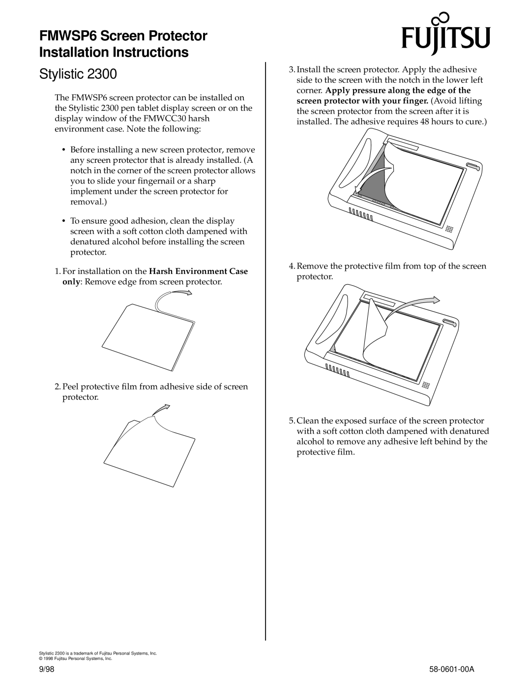 Fujitsu installation instructions Stylistic, FMWSP6 Screen Protector Installation Instructions 