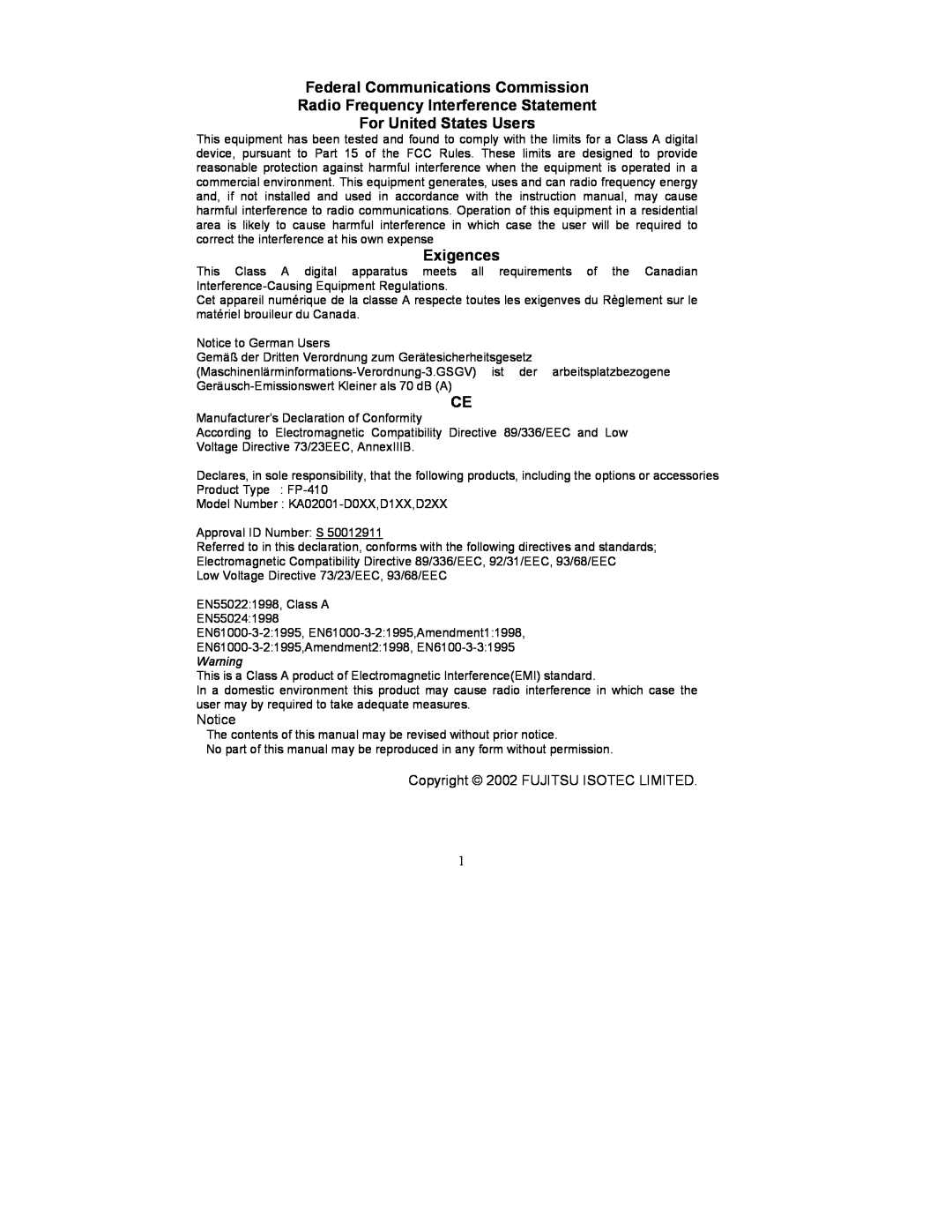 Fujitsu FP-410 Federal Communications Commission, Radio Frequency Interference Statement For United States Users 